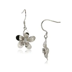 10MM Prong Setting CZ Sterling Silver Plumeria Hook Earring rhodium plated