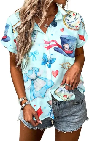 Alice in Wonderland Shirt Women Magic Kingdom Shirts Hawaiian Tshirt Fairy Tale Graphic Holiday Vacation Button up Top