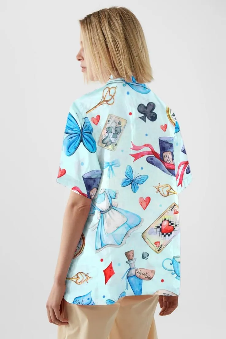 Alice in Wonderland Shirt Women Magic Kingdom Shirts Hawaiian Tshirt Fairy Tale Graphic Holiday Vacation Button up Top