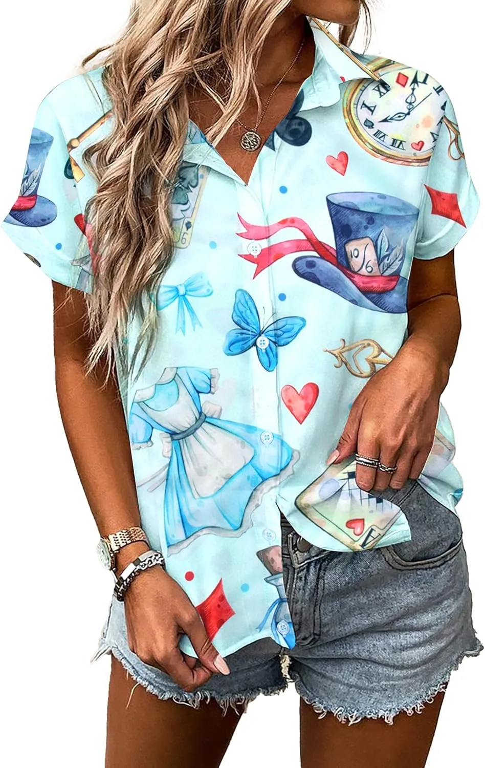 Alice in Wonderland Shirt Women Magic Kingdom Shirts Hawaiian Tshirt Fairy Tale Graphic Holiday Vacation Button up Top