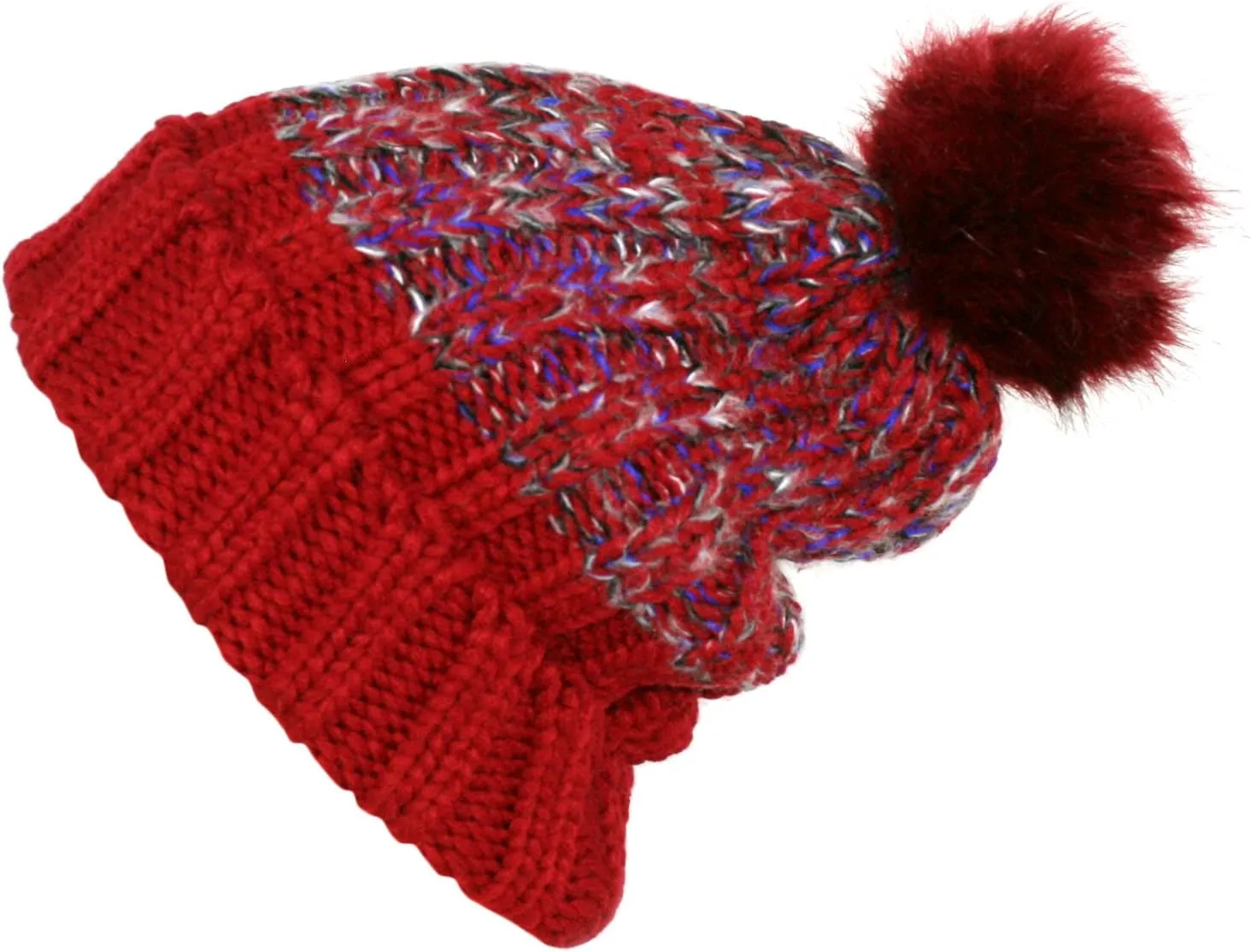 ANGELA & WILLIAM Women's Winter Warm Variegated Knit Cuffed Slouchy Beanie with Soft Faux Fur Pom Pom