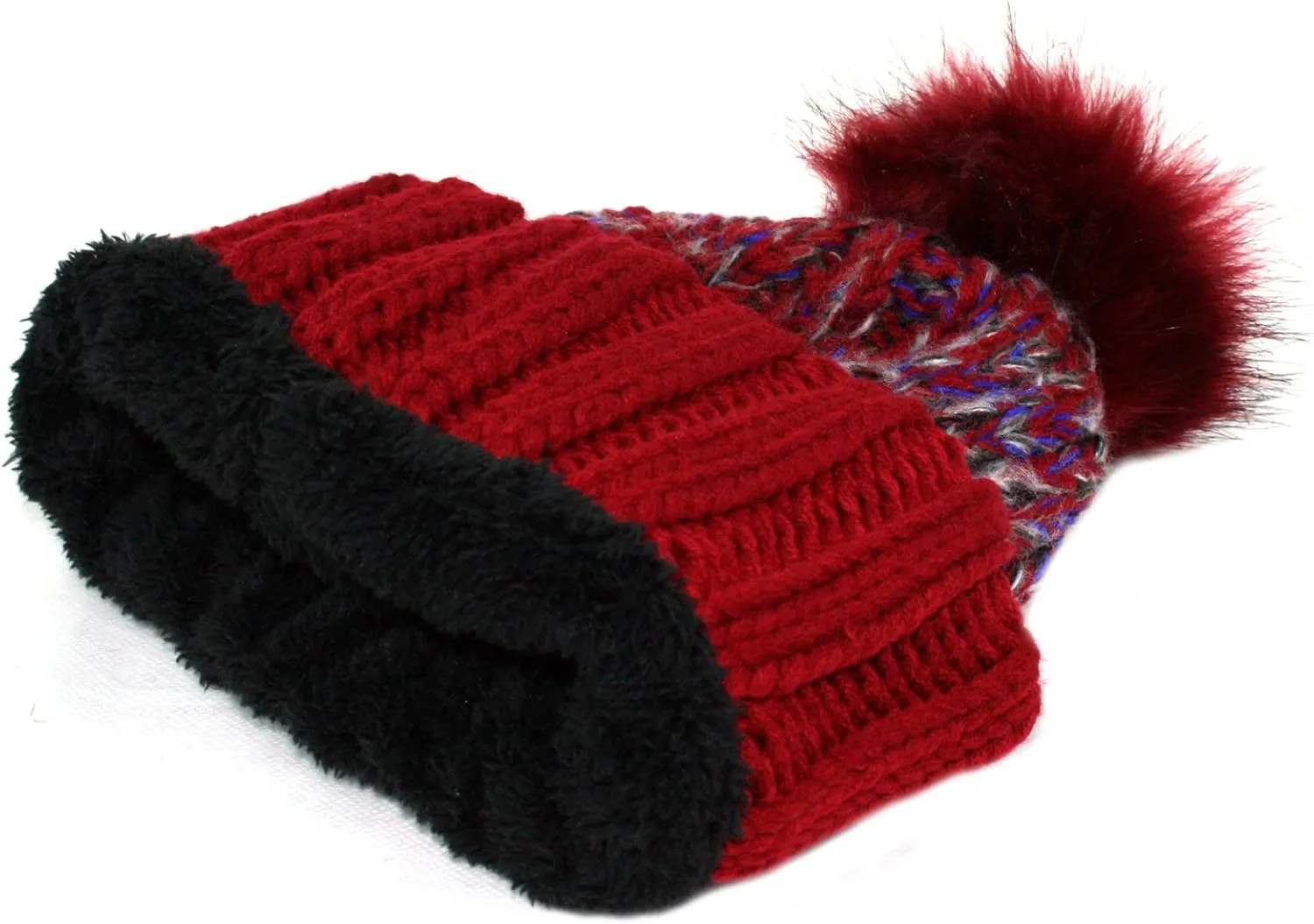 ANGELA & WILLIAM Women's Winter Warm Variegated Knit Cuffed Slouchy Beanie with Soft Faux Fur Pom Pom