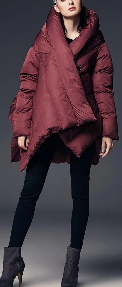 Asymmetric Puffer Coat, Wine Red