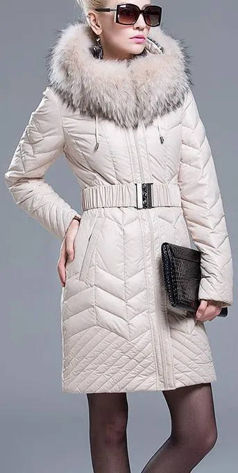 Belted Down-Fill Fur-Hooded Coat - Cream/Beige