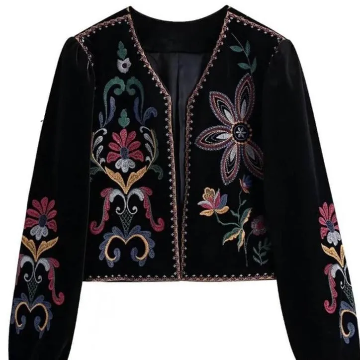 Black velvet embroidered blazer for women-Vintage style