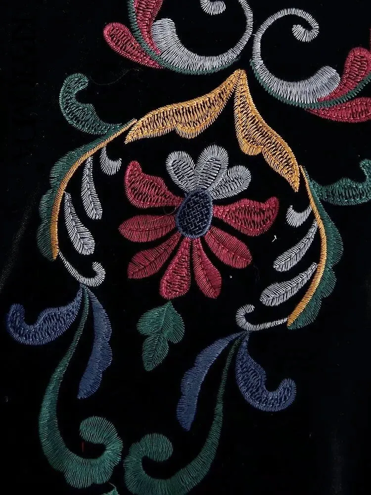 Black velvet embroidered blazer for women-Vintage style