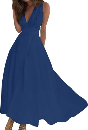 Dresses for Women 2024 Wrap V Neck Floral Print Sundresses Flowy Ruched Sleeveless Maxi Dress Elegant Boho Dress