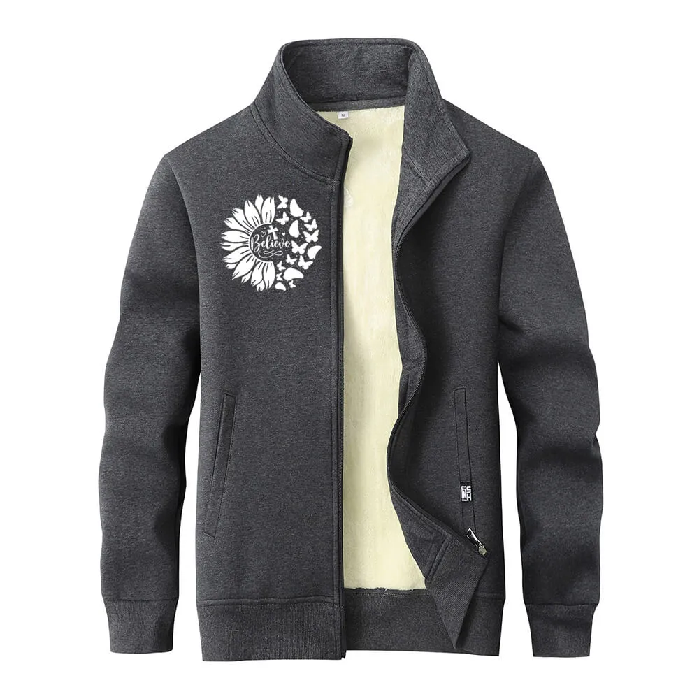 Flower Butterfly Believe Cross Stand Collar Zip Fleece Cardigan