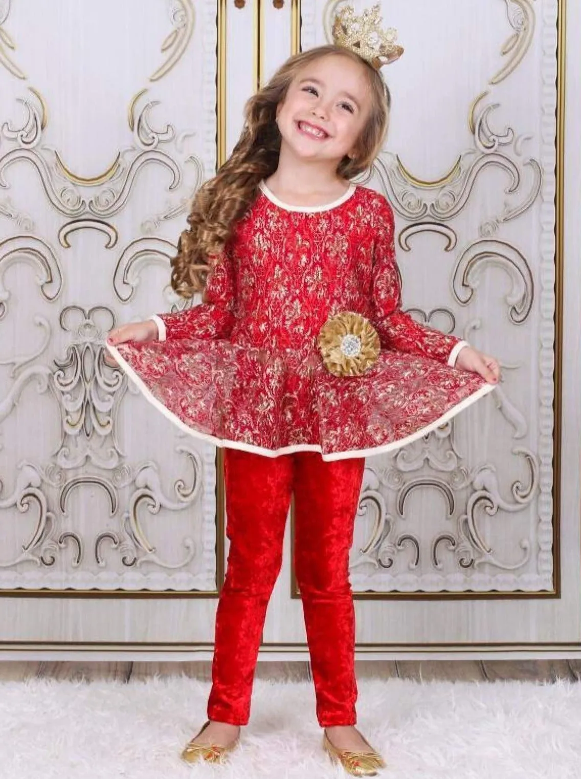 Girls Red And Gold Lace Peplum Tunic And Velvet Legging Set
