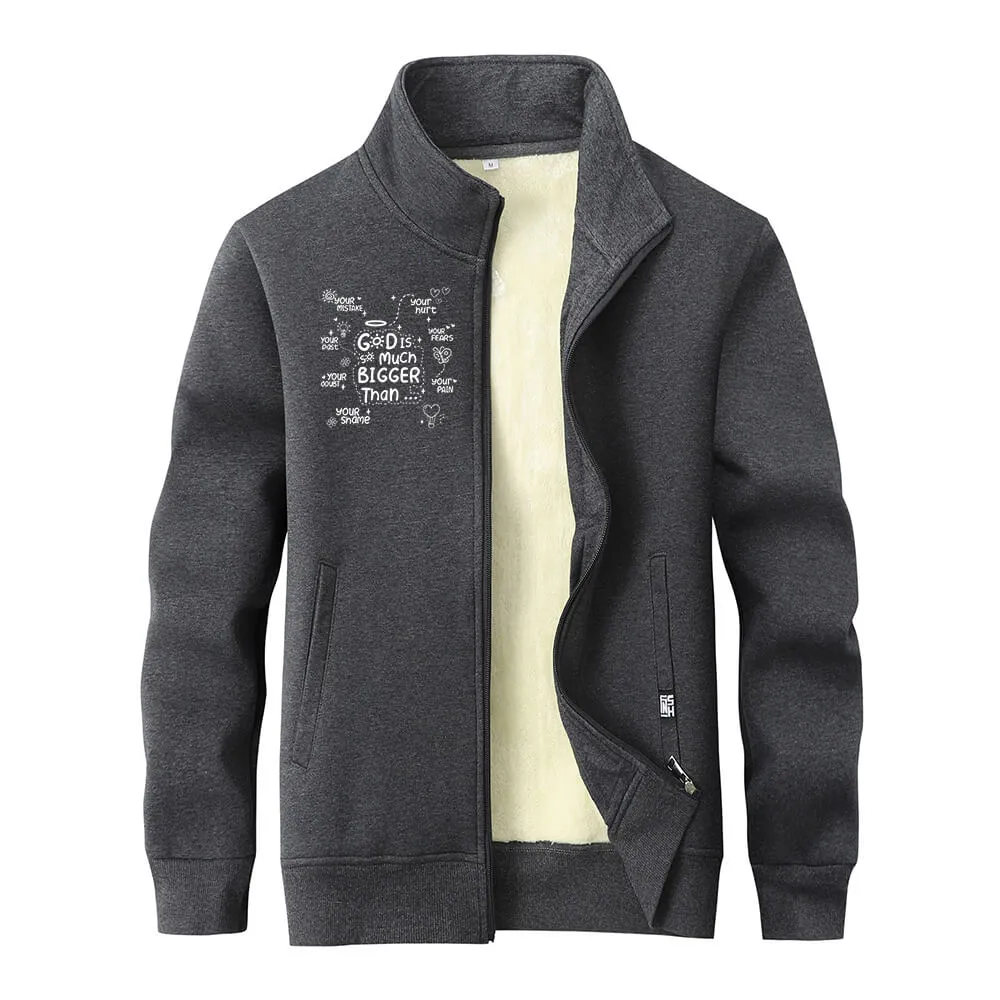 God Is Much Bigger Than Stand Collar Zip Fleece Cardigan