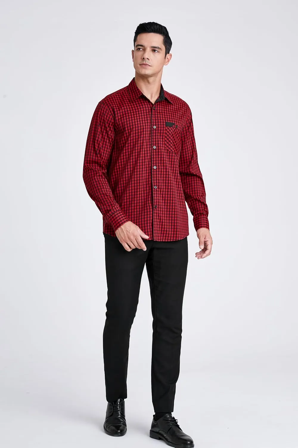 HISDERN Mens Plaid Button Down Shirt Long Sleeve Dress Shirts for Men Casual Wrinkle Free Regular Fit Work Shirt with Pocket