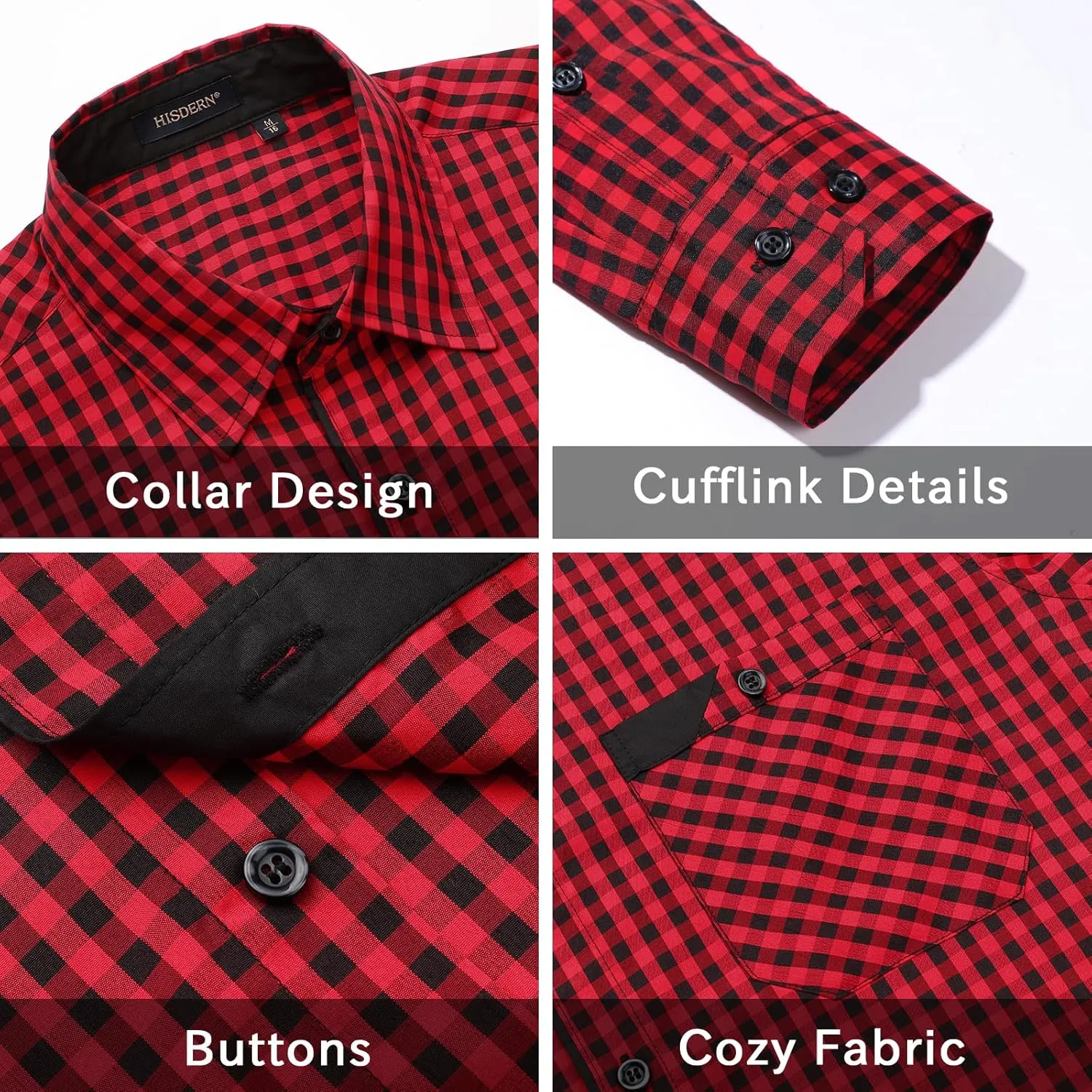 HISDERN Mens Plaid Button Down Shirt Long Sleeve Dress Shirts for Men Casual Wrinkle Free Regular Fit Work Shirt with Pocket