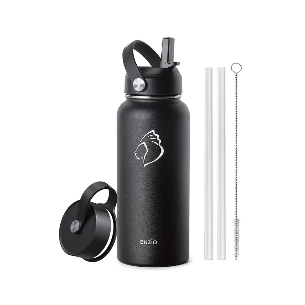 Insulated Water Bottle with 2 Lids | Black | 32oz