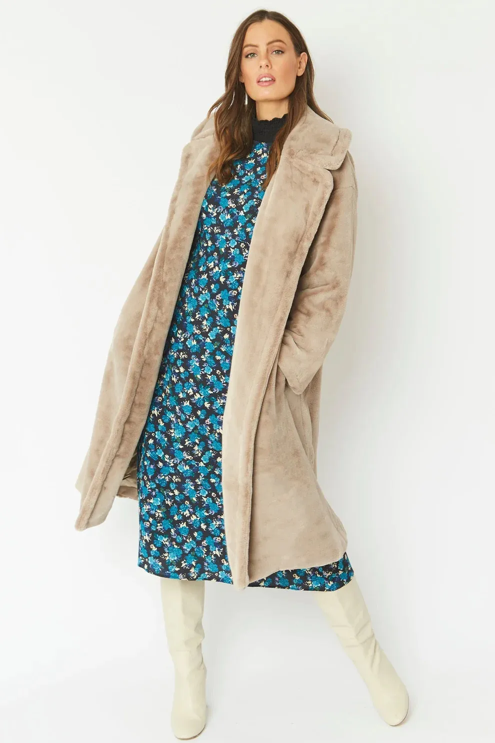 Light Mocha Faux Fur Midi Shaved Shearling Coat