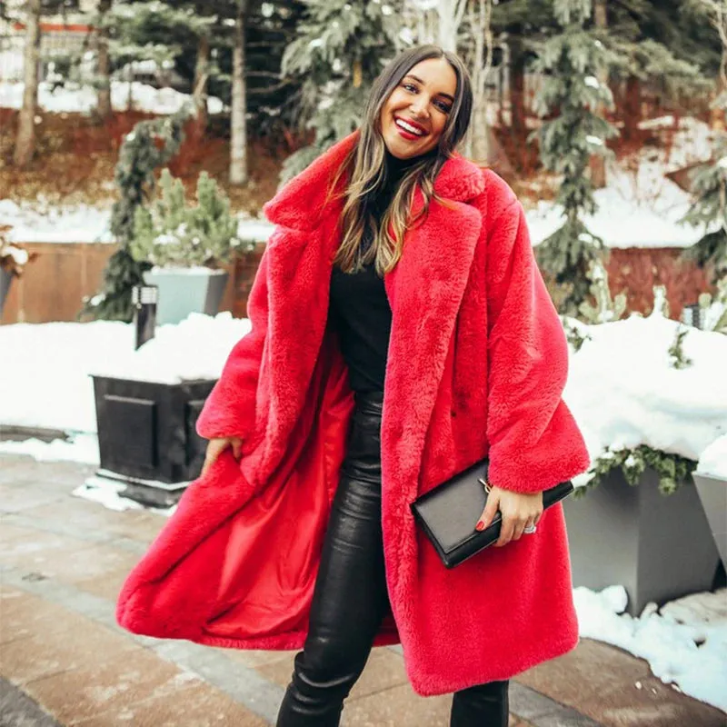 Luxury long rabbit faux fur coat with belt