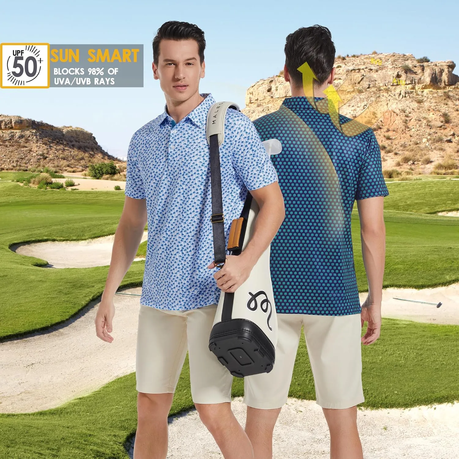 Mens Golf Shirt Moisture Wicking Dry Fit Print Performance Short Sleeve Polo Shirts for Men