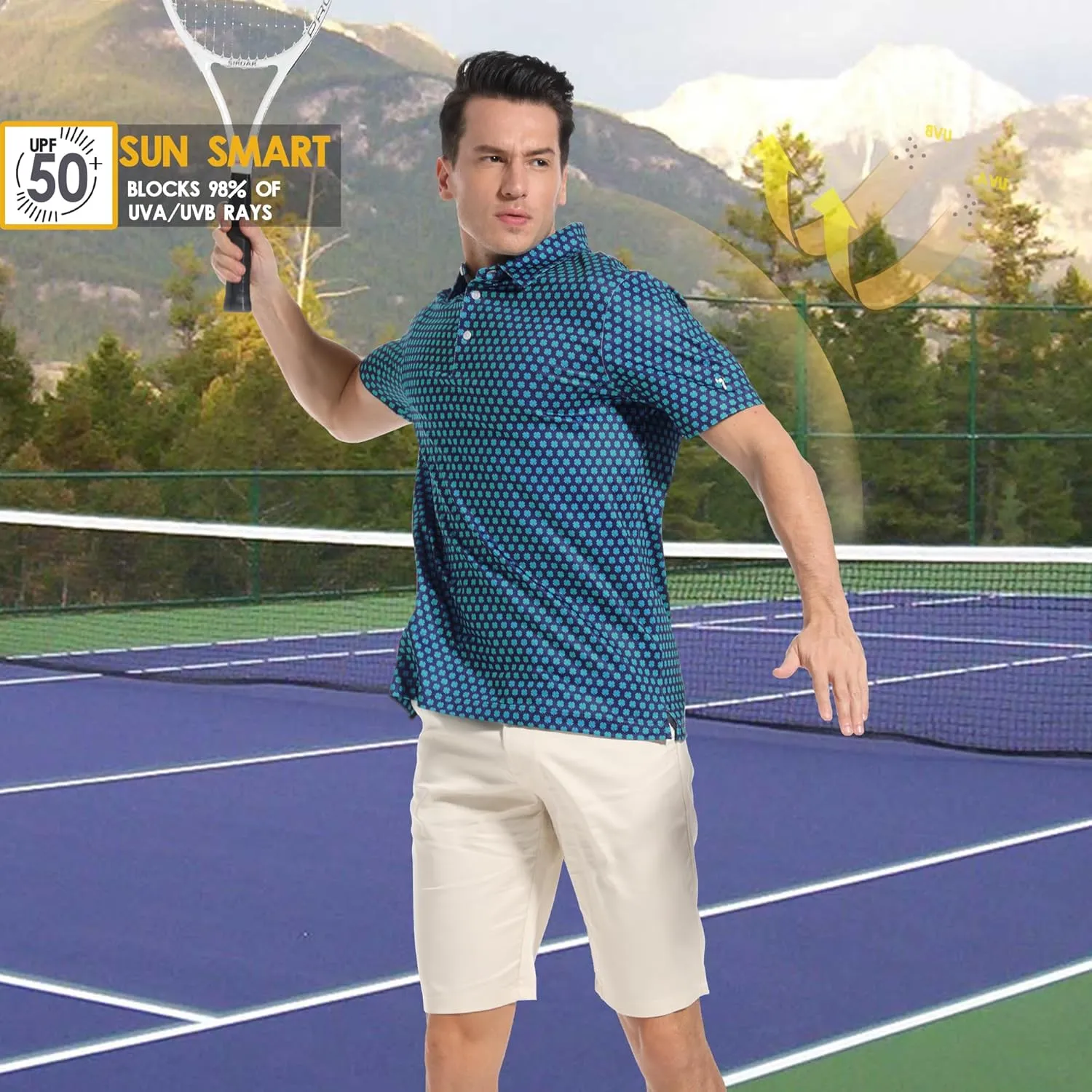 Mens Golf Shirt Moisture Wicking Dry Fit Print Performance Short Sleeve Polo Shirts for Men