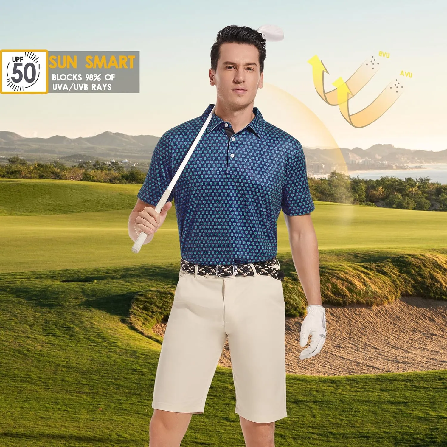 Mens Golf Shirt Moisture Wicking Dry Fit Print Performance Short Sleeve Polo Shirts for Men