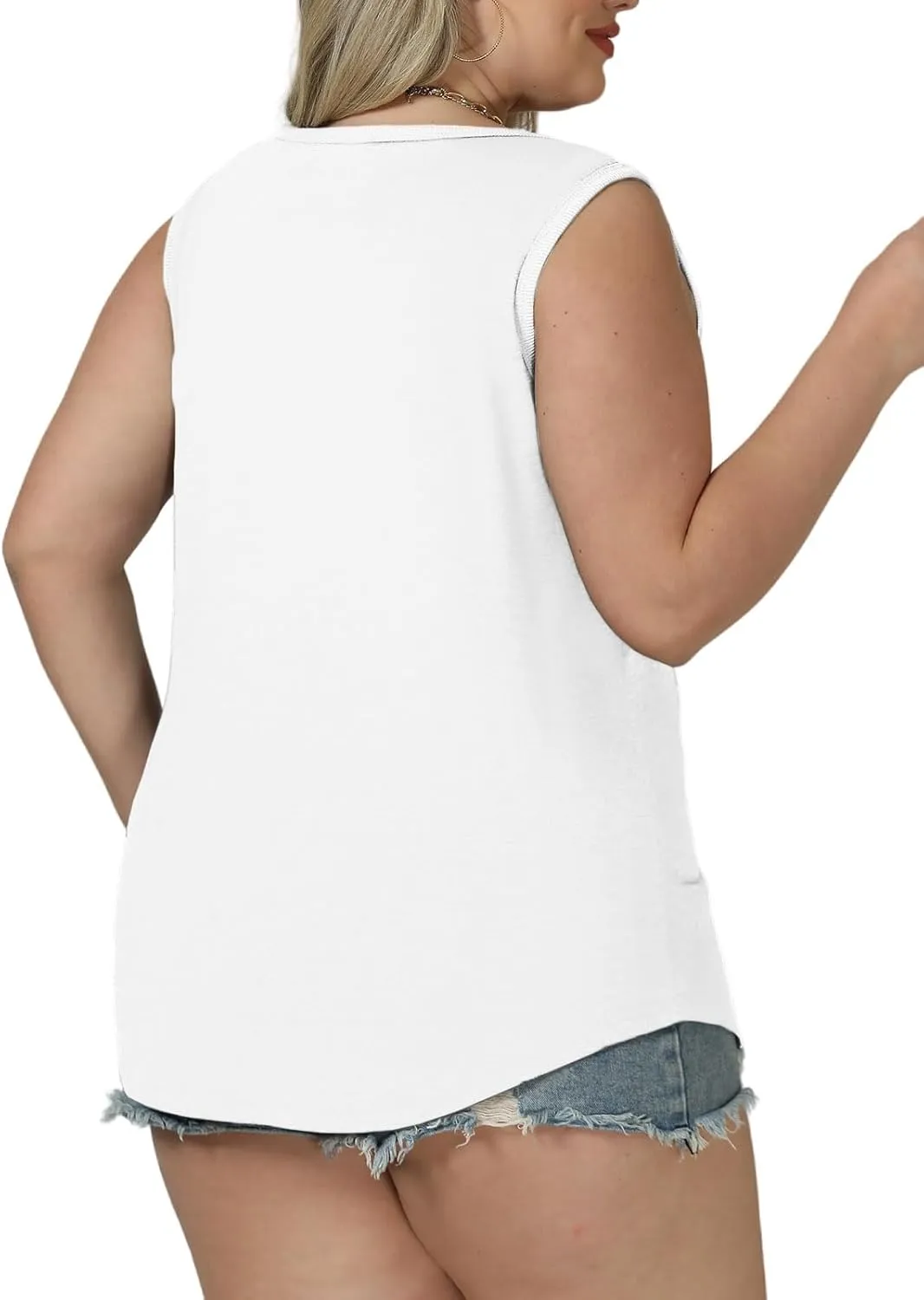ROSRISS Plus Size Tank Tops for Women Summer Basic Crewneck Tees Soft Cozy Loose Fit Curved Hem Sleeveless Shirts