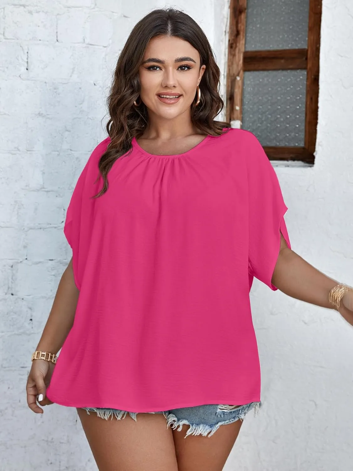 SCOMCHIC Women Plus Size Blouses Casual Basic Tunic Tops Summer Blouse Short Sleeve Pleated Crewneck Flowy Shirts