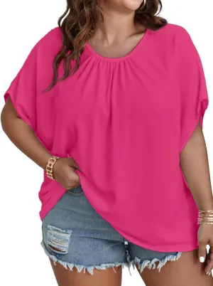 SCOMCHIC Women Plus Size Blouses Casual Basic Tunic Tops Summer Blouse Short Sleeve Pleated Crewneck Flowy Shirts