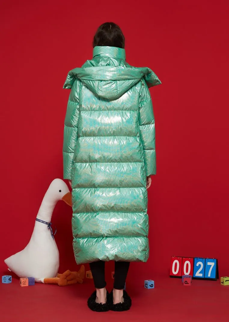 Shiny Green Hooded Goose Down Puffer Long Coat