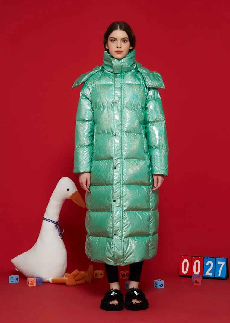 Shiny Green Hooded Goose Down Puffer Long Coat