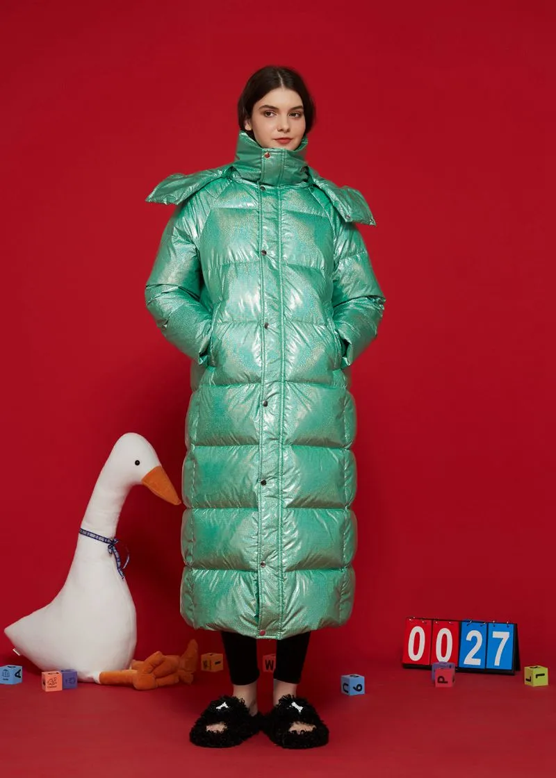 Shiny Green Hooded Goose Down Puffer Long Coat