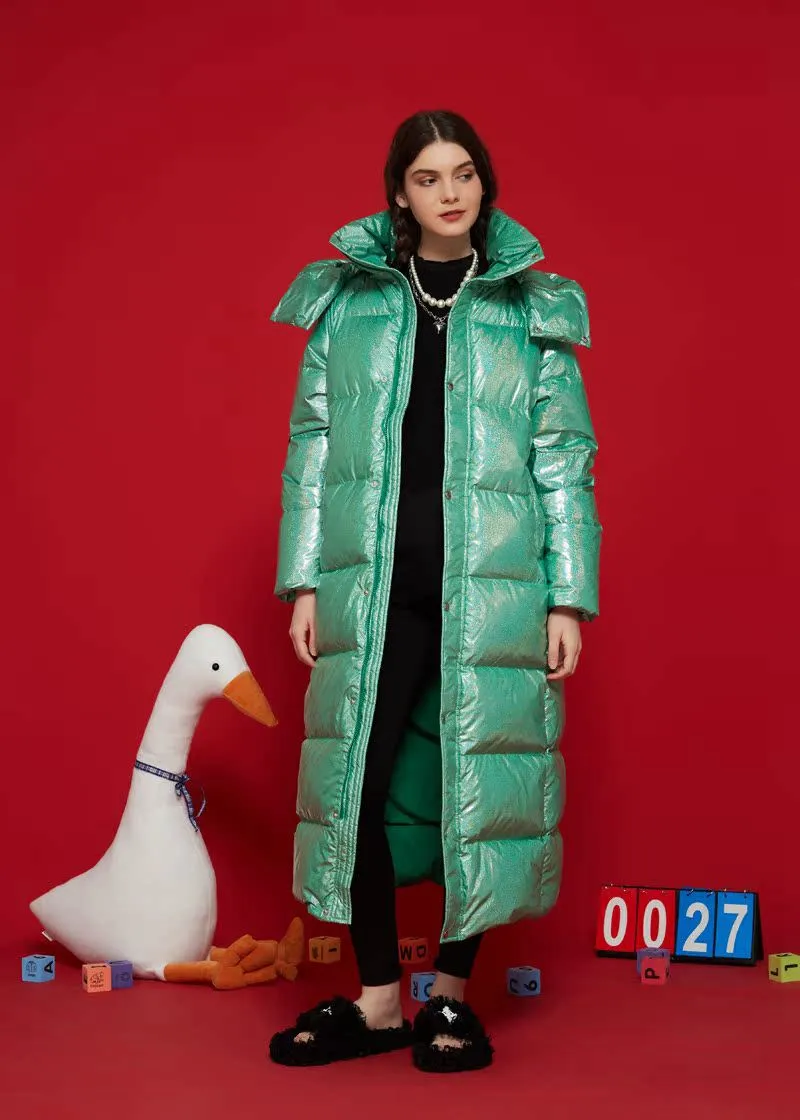 Shiny Green Hooded Goose Down Puffer Long Coat