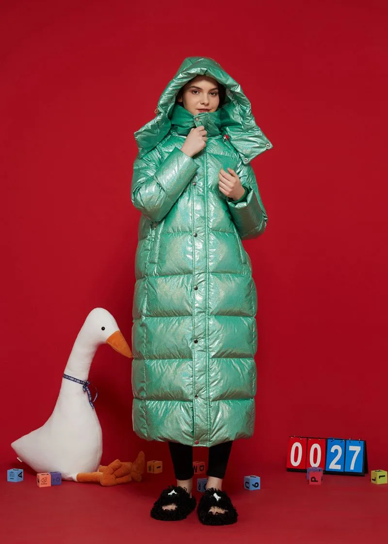 Shiny Green Hooded Goose Down Puffer Long Coat