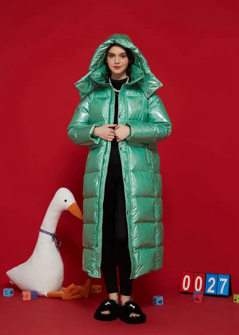 Shiny Green Hooded Goose Down Puffer Long Coat