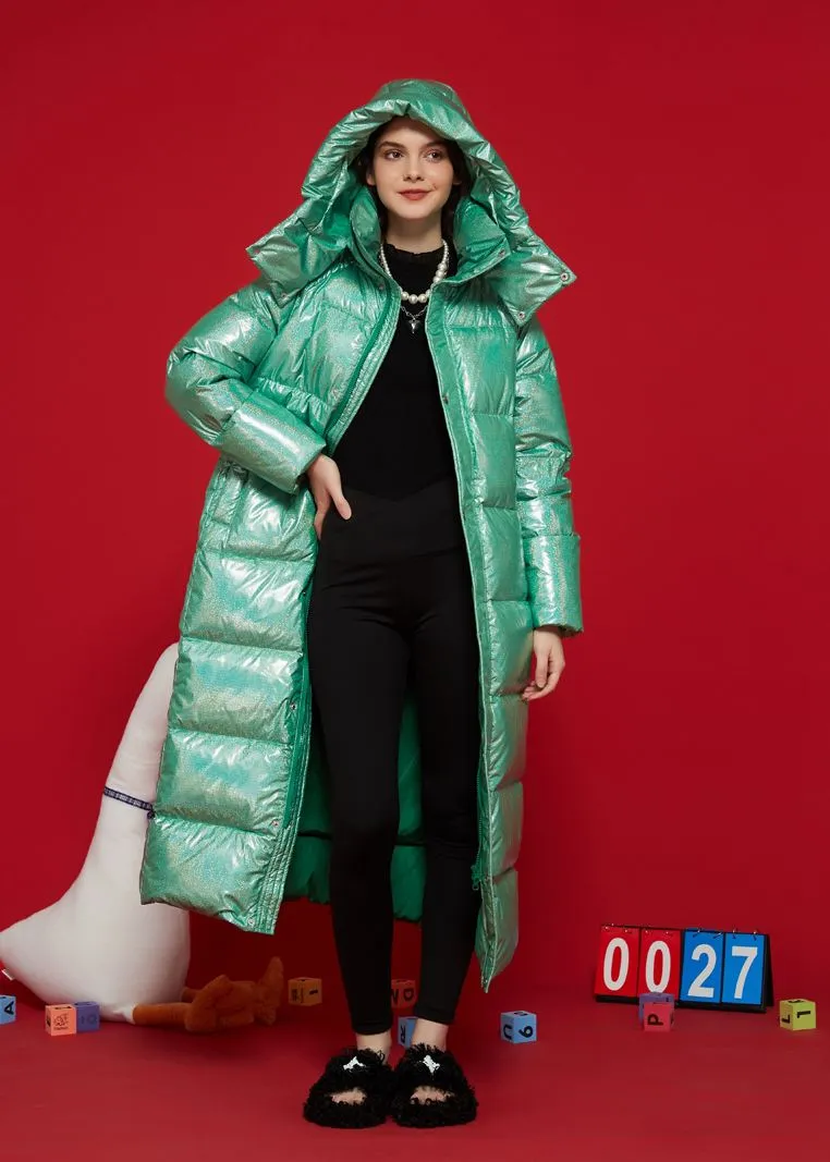 Shiny Green Hooded Goose Down Puffer Long Coat