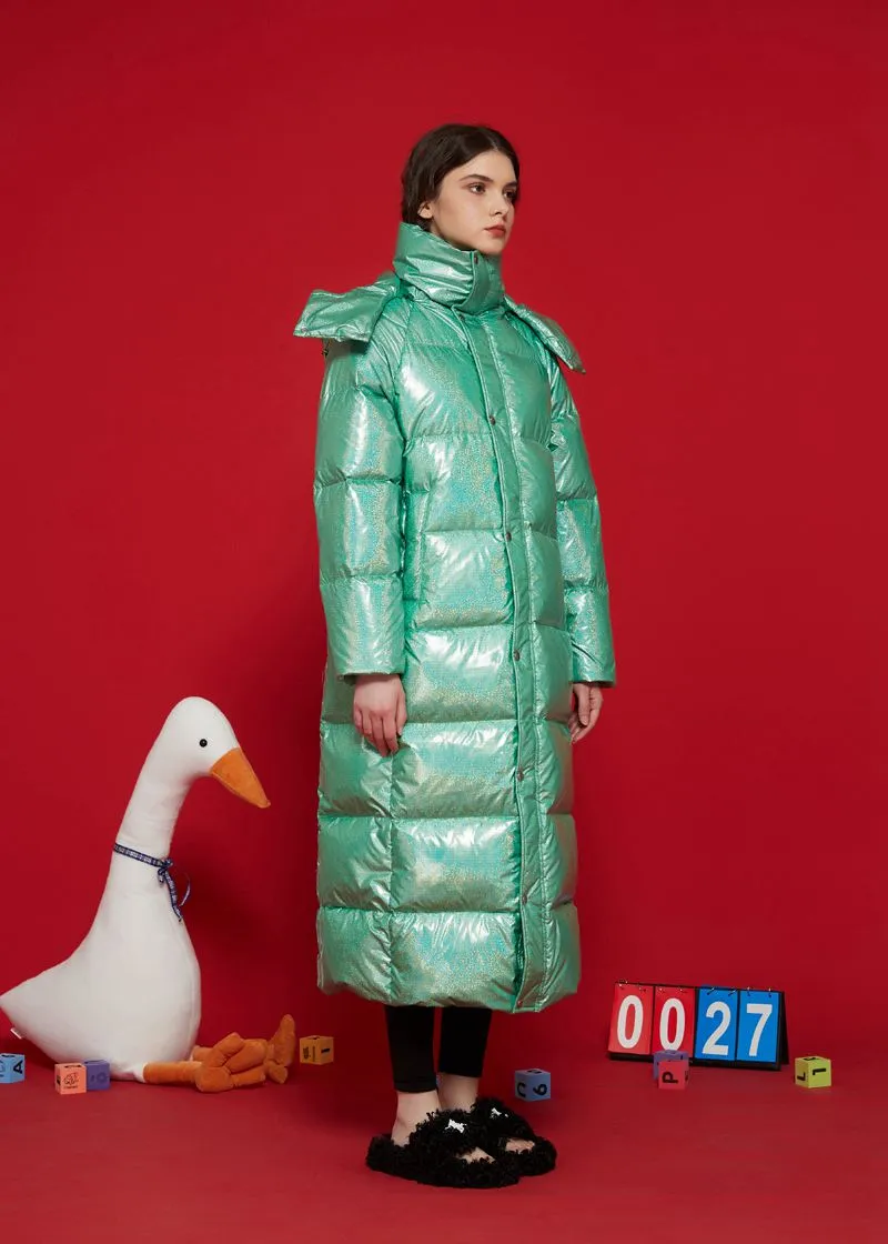 Shiny Green Hooded Goose Down Puffer Long Coat