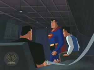 Superman the Animated Series Original Production Cel on Original Background: Superman, Bruce Wayne and Time Drake