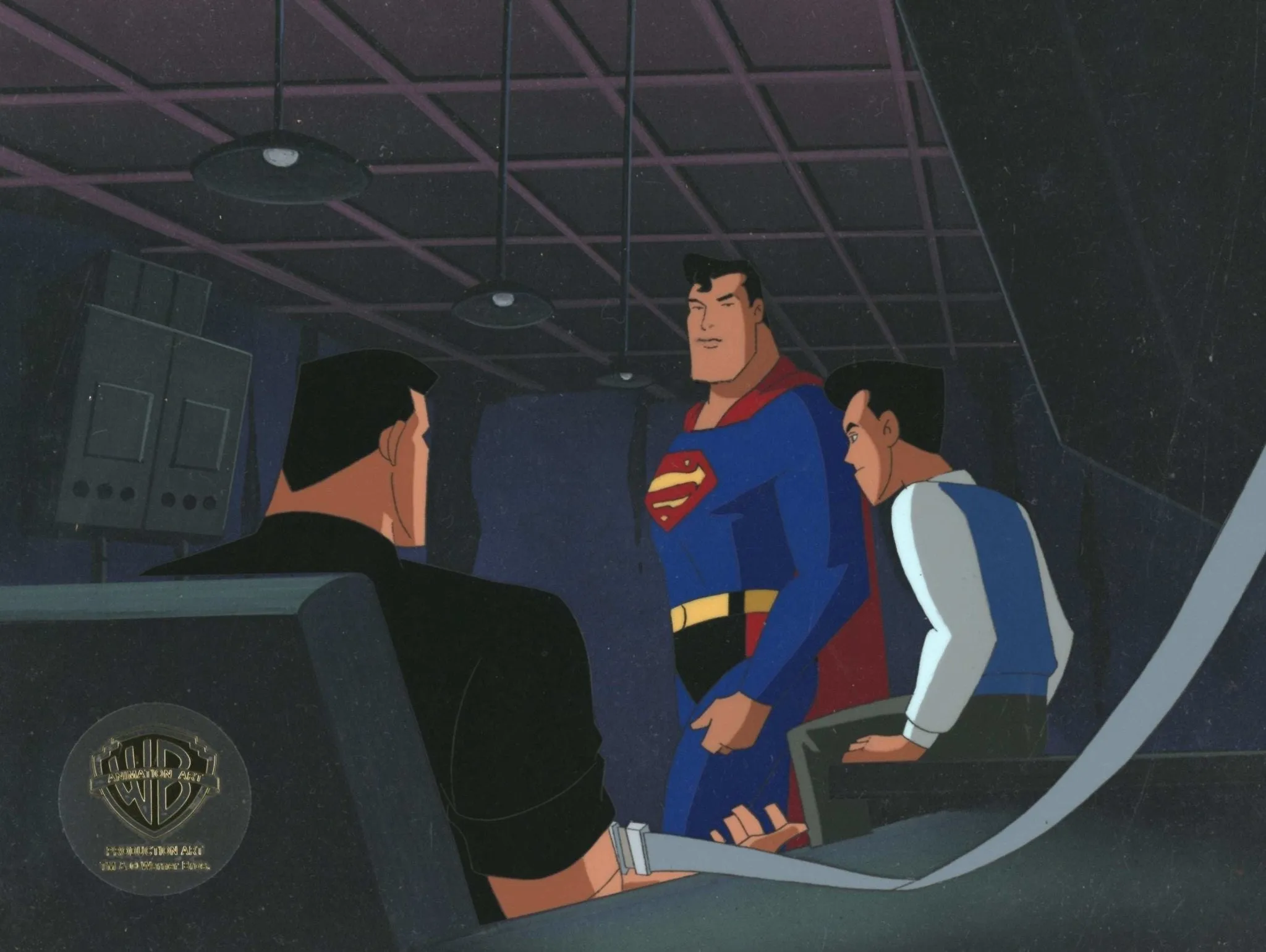 Superman the Animated Series Original Production Cel on Original Background: Superman, Bruce Wayne and Time Drake