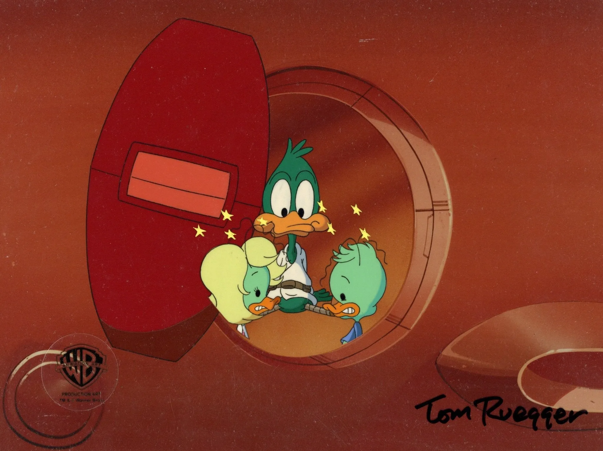 Tiny Toon Adventures Original Production Cel Signed by Tom Ruegger: Plucky Duck, Frank, and Ollie