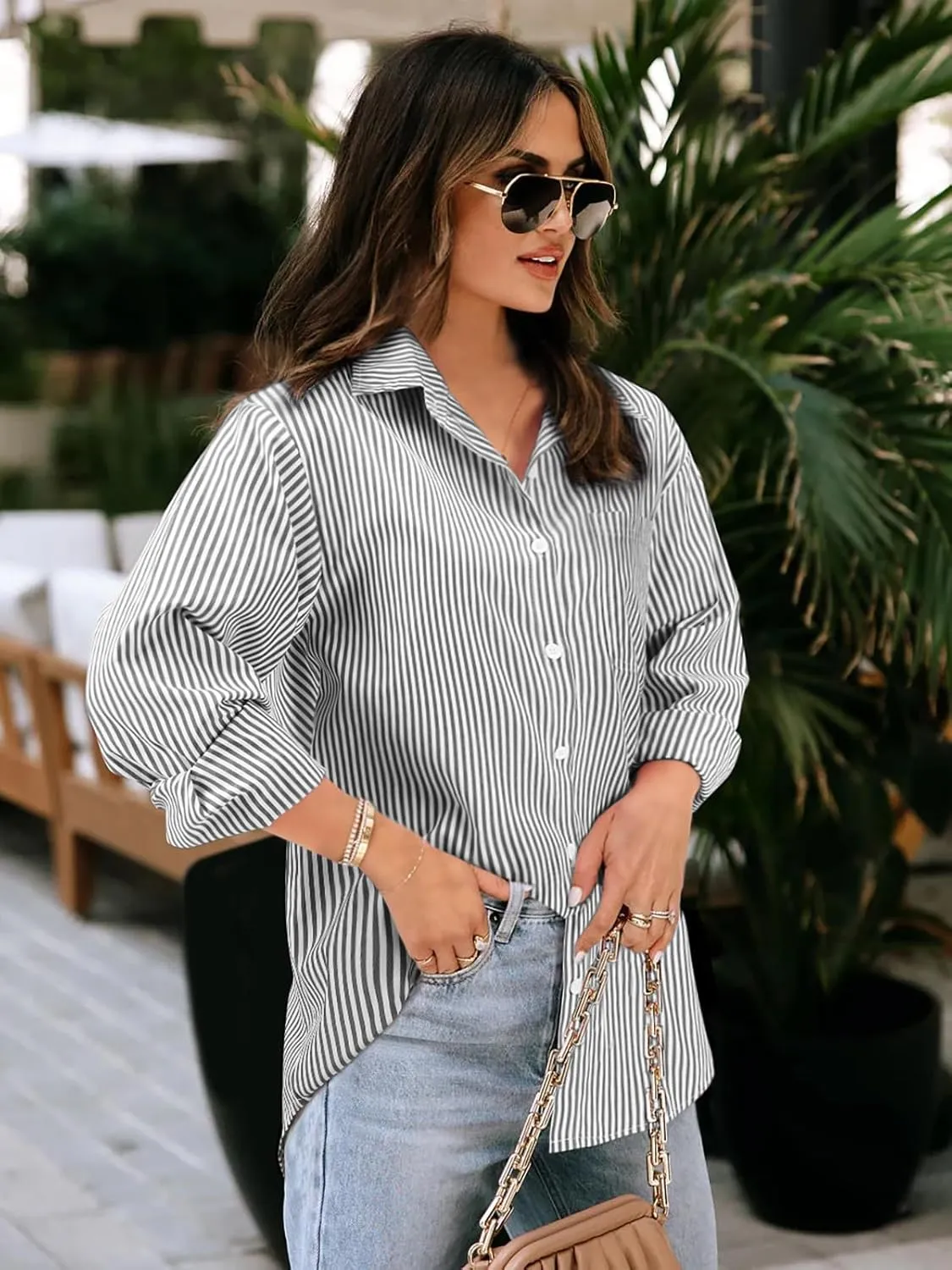 Women's Button Down Shirts Striped Long Sleeve Tops Classic Office Work Blouses with Pocket