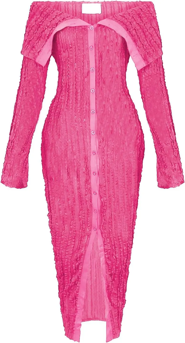 Women's Sexy Off Shoulder Dress 2024 Elegant Long Sleeve Button Down Split Ruffle Bodycon Midi Dresses Clubwear
